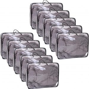 10 Pcs Large Clear Travel Packing Cube, Vinyl Zippered Storage Bags, See-Through PVC Organizer Multipurpose Pouch with Handle for Clothes, Comforter, Bedding (Black, 11.8 x 10.2 x 3.9 Inch)