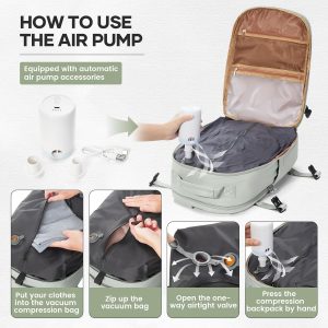 Vacuum Backpack Travel With Pump for Women Men Personal item Travel Bag Carry on Backpack Flight Approved Work College Casual Daypack Backpacks with Vacuum Compression Light green