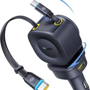 Baseus 163W Retractable Car Charger USB C Fast Charging, PrimeTrip VR2 Max 4 in 1 Fast Car Charger with Dual Retractable USB C Cable for iPhone 17 16 15 Pro Max, Samsung Galaxy S25 Ultra, Android