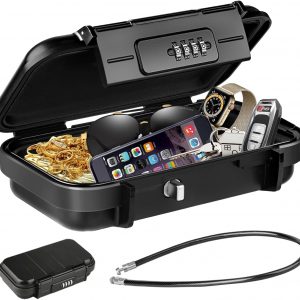HUANLANG Portable Safe Lock Box with Combination Lock Mini Beach Travel Safe Waterproof Small Lockable Boxs with Removable Wire Rope Combination Lock Box for Dorm,Travel,Beach,Hotel,Car,Home,Office