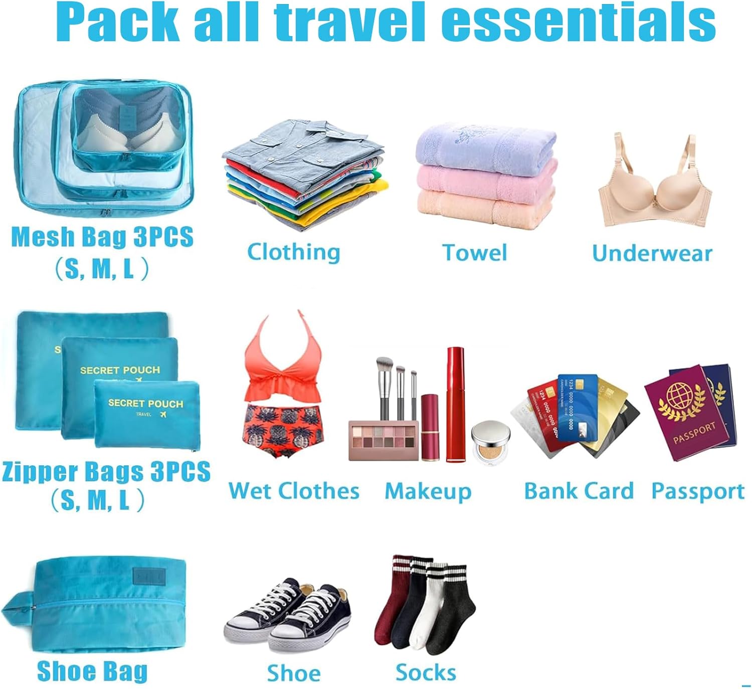 INVODA 7 piece Multi-size Packing Cubes for Travel Suitcase Organizer Bags Lightweight Travel Bags (Sky Blue) - Image 5