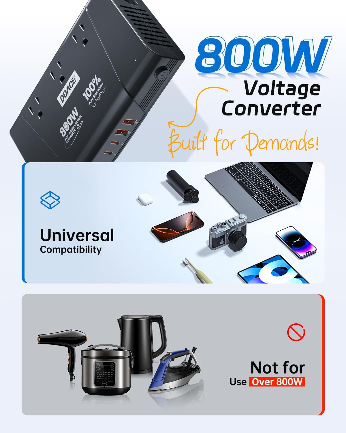 DOACE 220V to 110V Converter - 800W Voltage Converter US to Europe for Hair Straightener, Curler, Phone, Power Converter with 2 USB C & 2 USB A Ports, European Travel Plug Adapter UK, US, AU, EU - Image 3