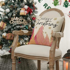 AVOIN colorlife Pink Christmas Tree Merry Christmas Throw Pillow Cover, 18 x 18 Inch Pink Christmas Cushion Case Decoration for Sofa Couch