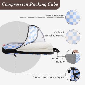 U+U 6 Set Compression Packing Cubes – Ultralight Travel Organizers with Laundry Bag, Space-Saving Suitcase Organizer for Travel, Business Trip and Family Vacation (Blue Checkered)