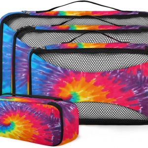Packing Cubes 4 Pack Multicolor Abstract Art Swirl Tie Dye Travel Packing Bags Individual Carry on Suitcases Underwear Luggage Mesh Organizer Packing Cubes Set for Travel Bag Backpack