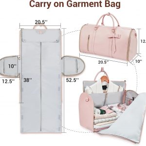 Garment Bags for Travel, Convertible Suit Travel Bag for Women, Stylish Carry On Garment Bag with Toiletry Pocket, Shoulder Strap and Shoes Compartment, 2 in 1 Foldable PU Leather Duffle Bag, Pink