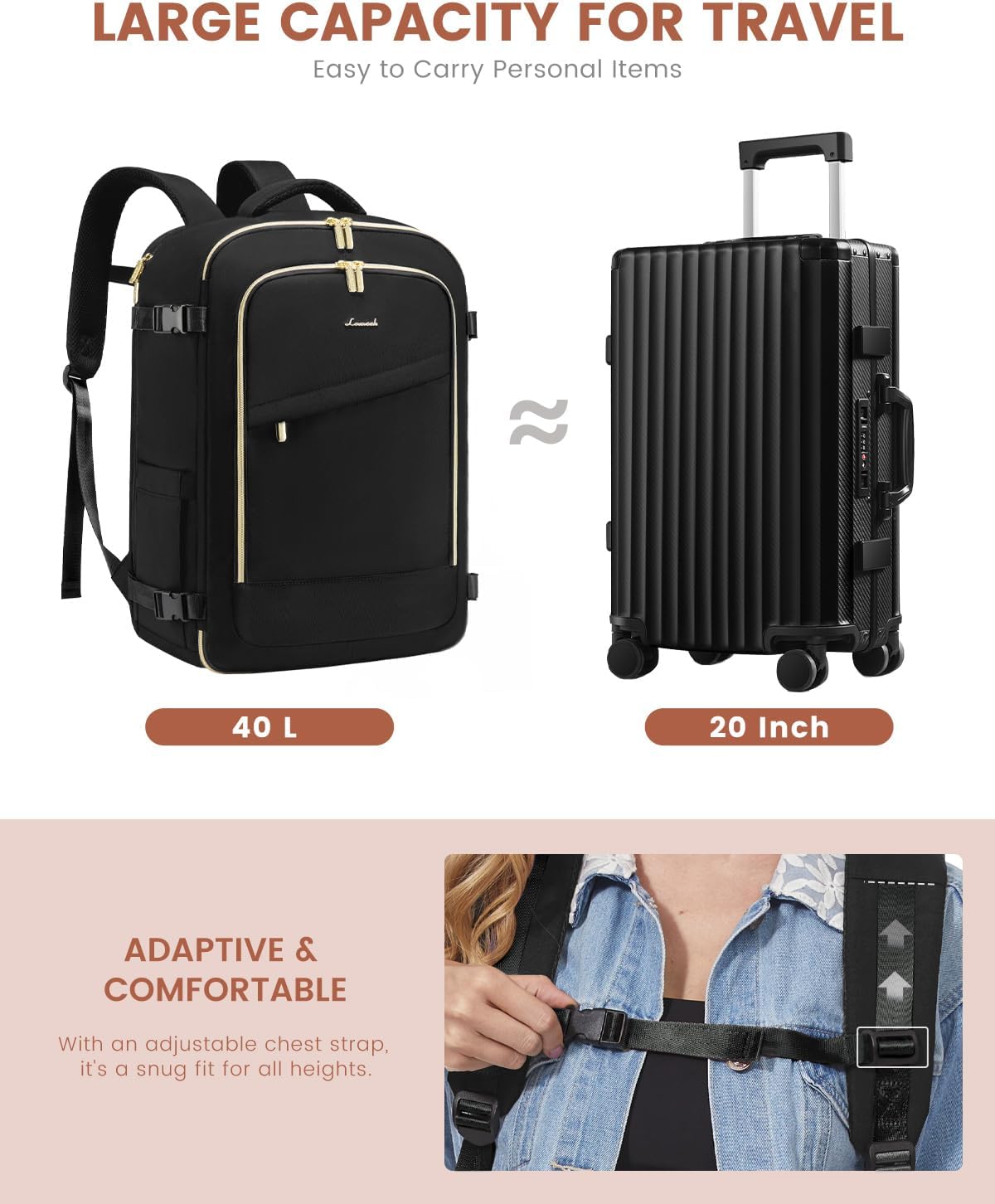 LOVEVOOK Travel Backpack for Women, 40L Carry On Backpack for Airplanes, Personal Item Bag for Airlines Fits 17 inch Laptop,TSA Approved Luggage with 3 Packing Cubes,Waterproof Weekender Gym back pack - Image 3