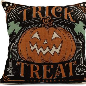 rouihot Set of 4 Linen Throw Pillow Covers 18×18 Inch Vintage Halloween Scaredy Cats Pumpkins Skeletons Home Decor Pillowcase Square Cushion Covers for Sofa Bed Couch