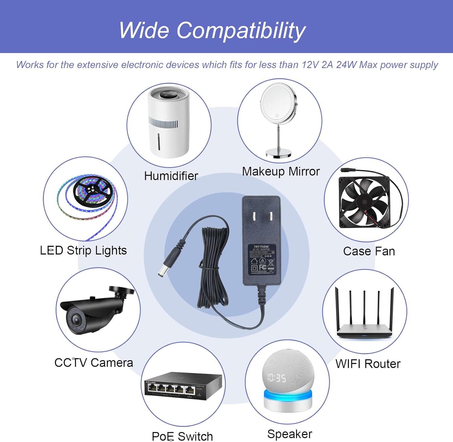 12V Power Supply, 12V 2A 24W Power Supply AC100-240V to DC 12 Volt Adapter with 5.5mm x 2.1mm Tip and 9 Interchangeable Jacks Plug for LED Strip Lights, CCTV Cameras, Routers and More - Image 4