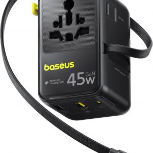 Baseus 45W European Travel Plug Adapter, 6-in-1 Universal Power Adapter with USB-C Retractable Cable, PD Fast Charging GaN International Travel Essentials for Over 200 Countries – Picogo AG11