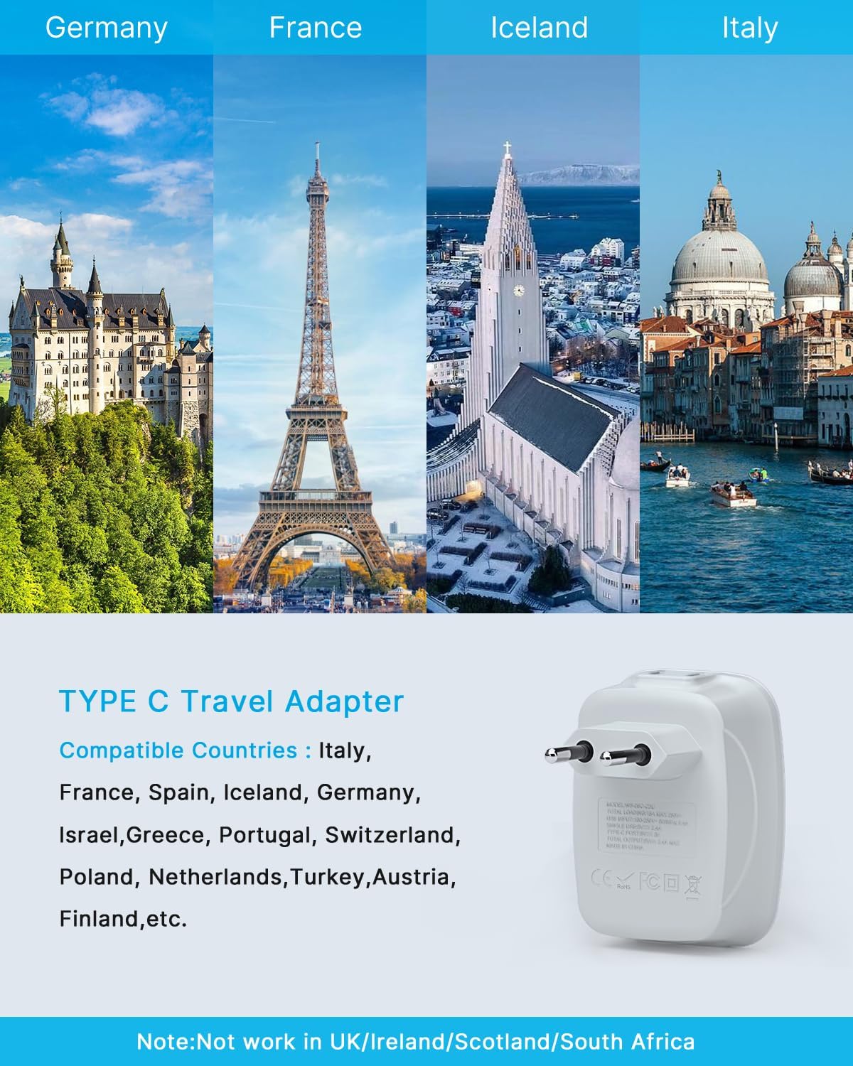 2 Pack European Travel Plug Adapter, VINTAR International Power Plug Adapter with 1 USB C, 2 American Outlets and 3 USB Ports, 6 in 1 Travel Essentials to Most of Europe Greece, Italy(Type C) - Image 2