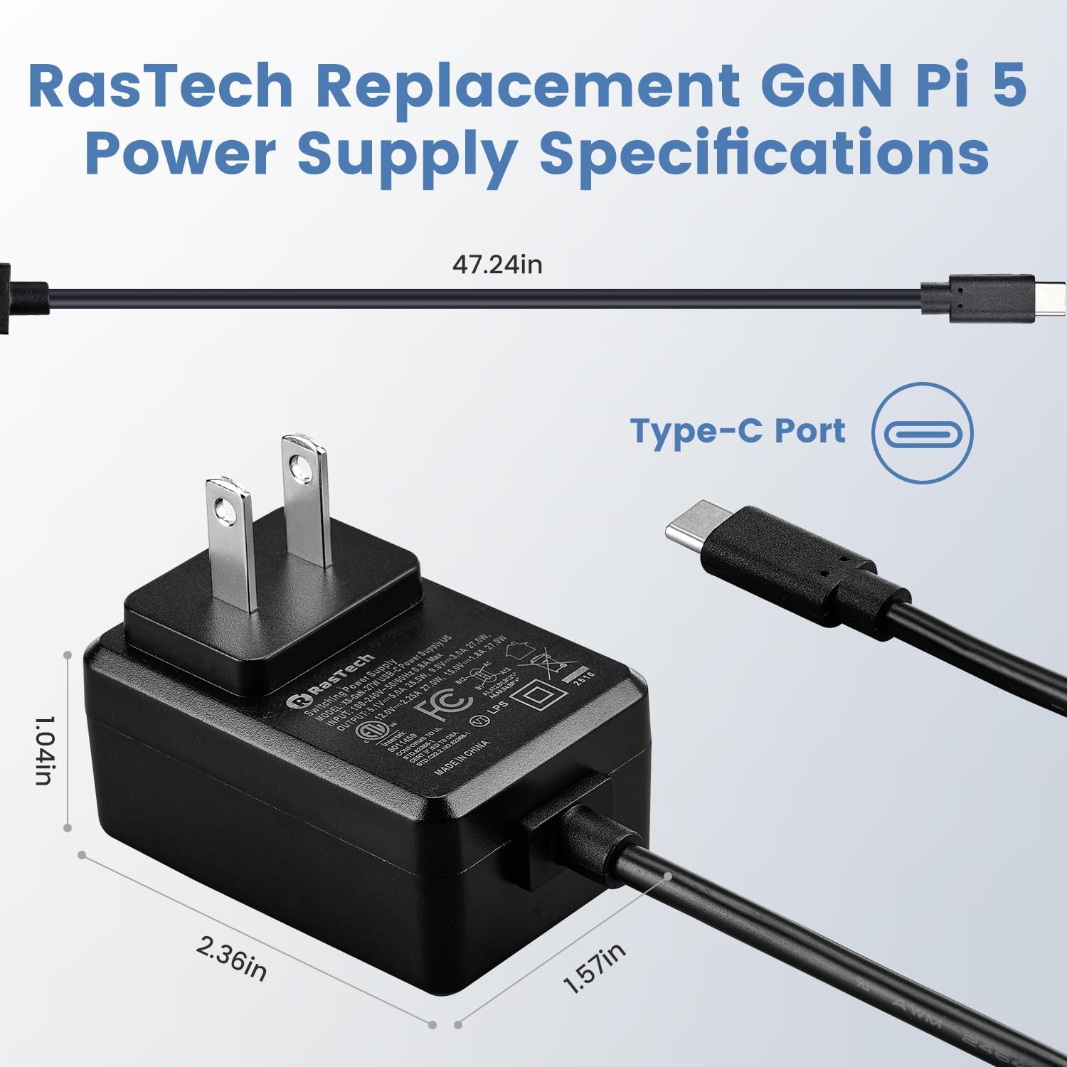 RasTech for Raspberry Pi 5 GaN PD 27W Power Supply 5.1V 5A USB-C Pi 5 Power Adapter for Raspberry Pi 5 16GB/8GB/4GB/2GB - Image 6
