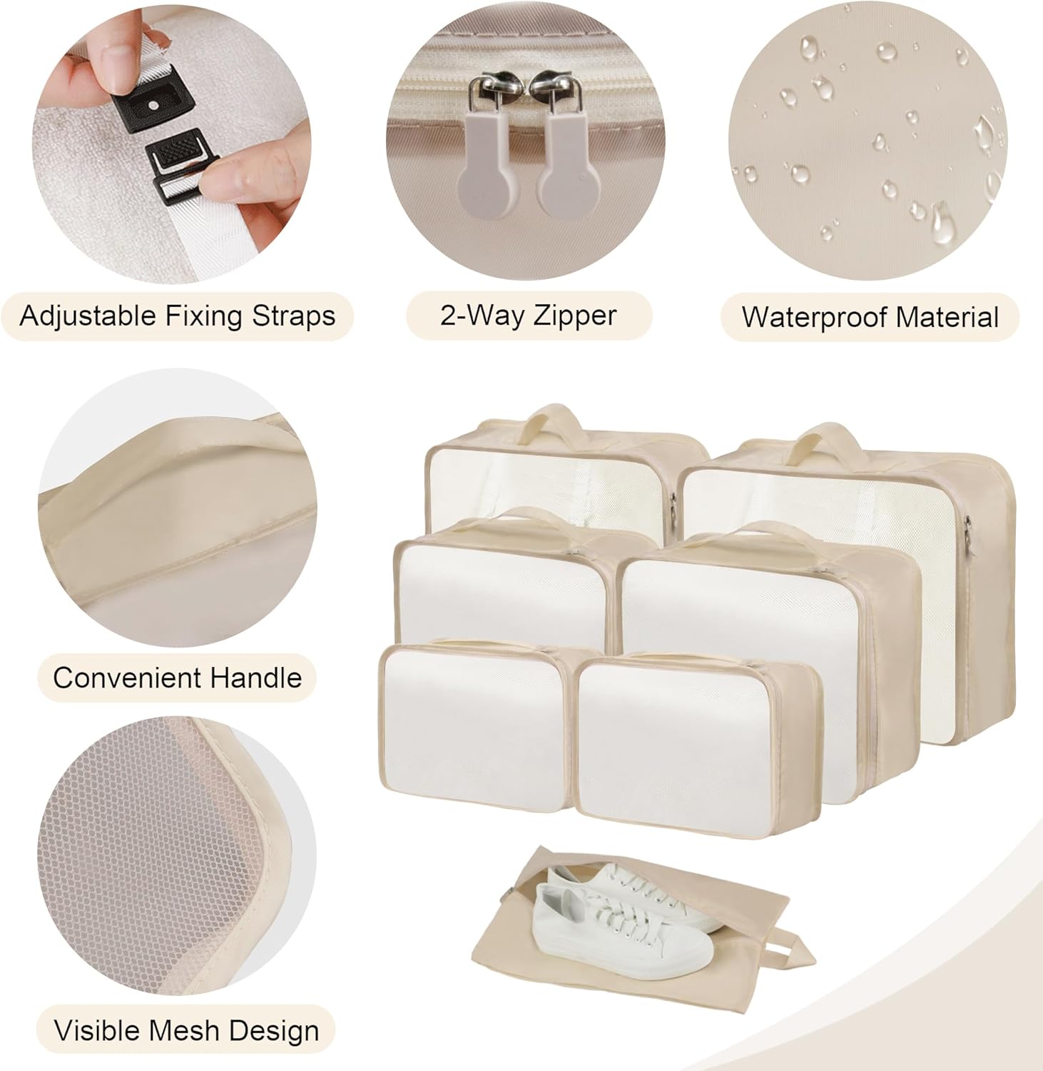 Ebbniur Packing Cubes, 7 Pcs Travel Packing Organizers for Suitcases, Large Capacity Travel Luggage Organizer Set includes 7 Storage Bags, Travel Essentials for Women or Men (Beige) - Image 4