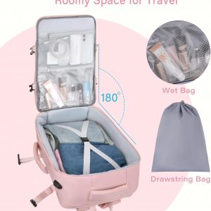 MOSISO 40L Travel Backpack for Women, Rhombus Quilted Flight Approved Carry on Daypack with USB Charging Port&Drawstring Bag, 17-17.3 inch Laptop Backpack for Office Work Travel Essentials, Pink