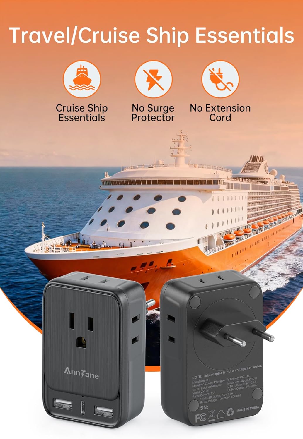 2 Pack European Travel Adapter, US to Europe Plug Adaptor with 4 Outlets 3 USB Charging Ports, Type C Power Adapter for USA to EU Euro Spain France Iceland Italy Germany Greece, Black - Image 8