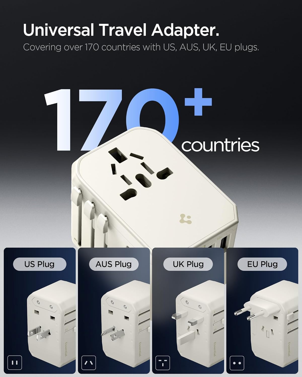 Spigen 70W Universal Travel Adapter, International AC Plug Adapter, International Travel Charger for EU UK AUS, Worldwide Travel Adapter, 2 USB-A & 2 USB-C Multiple Ports for Mobile,Dune Beige - Image 3
