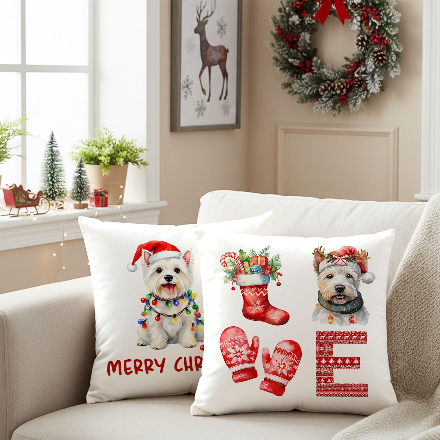 YRDBGHZDF Westie Merry Christmas & Love Pillow Covers 2 Pcs- 18x18 Inch, Dog Lover Pillow Covers Gift for Woman, Merry Christmas Xmas Westie Home Decorative - Image 2
