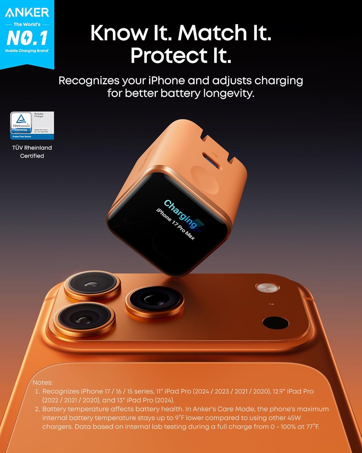 Anker Nano USB C Wall Charger, 45W Fast Charging Smart Display Charger, with 180° Foldable Plug, Smart Recognition,Built-in Care Mode,for iPhone 17/16,Apple Watch(White,Non-Battery,No Cable Included) - Image 2