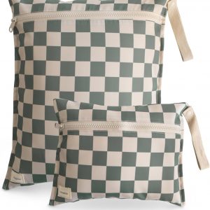 mushie Water Resistant Wet Bags | Large & Small Reusable Storage Bag for Baby Items and Travel | Zippered Pockets with Handle | Machine Washable, Set of 2 (Olive Check)