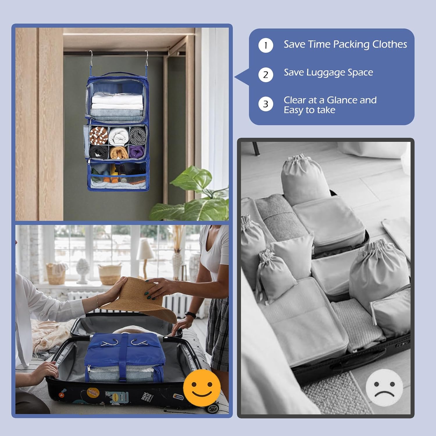 Surblue Hanging Shelves Travel Storage Bag Compression Packing Cube for Suitcase Collapsible with Extension Layer Large Capacity, Blue,XL - Image 4