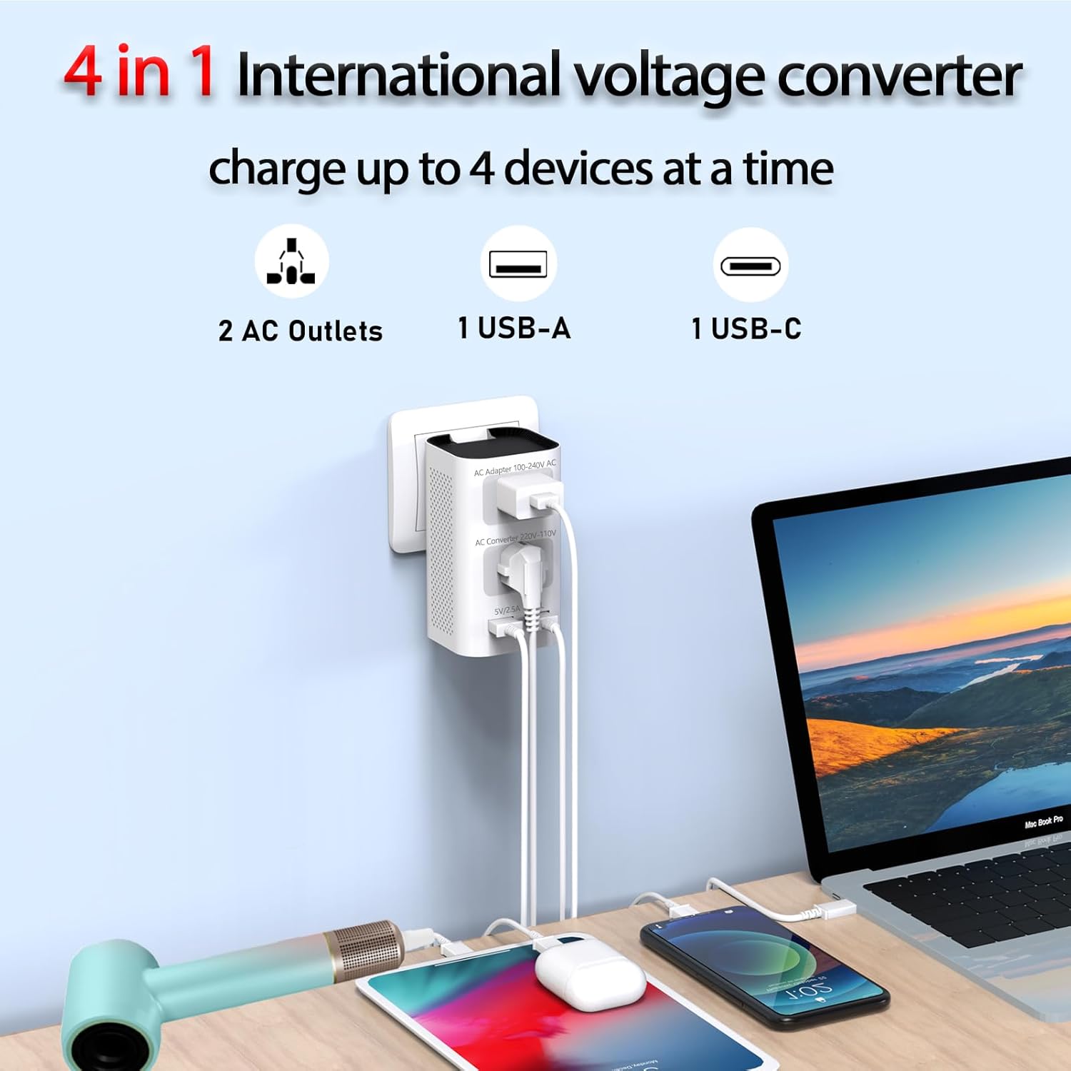 Mapambo Upgraded 2000W 220V to 110V Voltage Converter US to Europe Power Converter for Europe Combo with USB C/A Ports International Travel Converter for Hair Dryer - Image 3