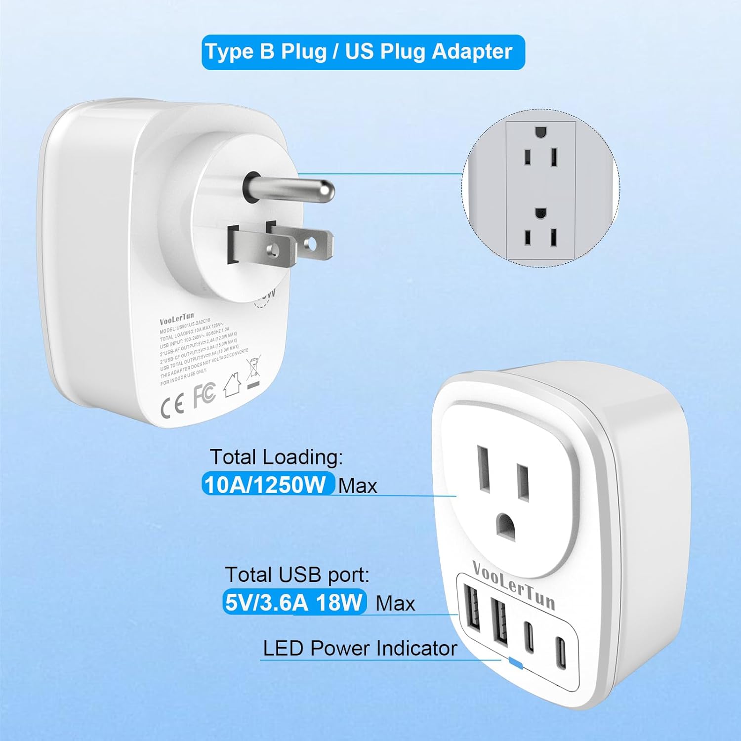 Multi Plug Outlet Extender 2 Packs, Outlet Plug Adapter, American Type B Plug Adapter with 1 Electrical Outlets, 4 USB Charger Ports (2 USB C), for School, Travel, Office, Home Essentials - Image 3