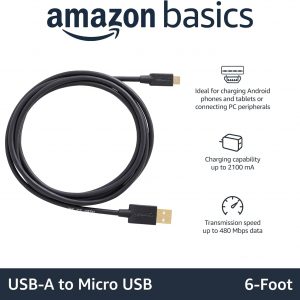 Amazon Basics USB-A to Micro USB Charging Cable, 480Mbps Transfer Speed with Gold-Plated Plugs, USB 2.0, 6 Foot, Black