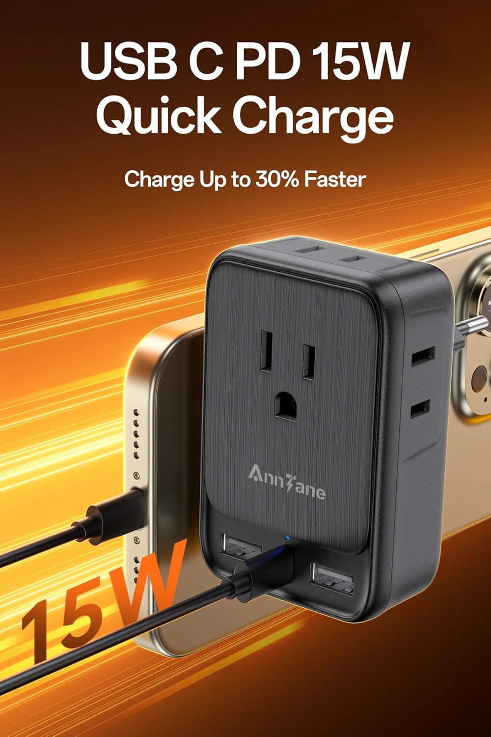 2 Pack European Travel Adapter, US to Europe Plug Adaptor with 4 Outlets 3 USB Charging Ports, Type C Power Adapter for USA to EU Euro Spain France Iceland Italy Germany Greece, Black - Image 7