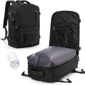 VECAVE Vacuum Backpack Travel with Pump for Women, Personal Item Carry on Backpacks Flight Approved for Men,Laptop Waterproof Work Compression bags Casual Daypack Black
