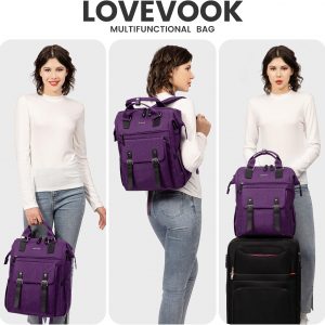 LOVEVOOK Laptop Backpack for Women Teacher Doctor Nurse Bags Work Backpack Purse Business Computer Bag, College Daypack, Anti-theft Travel Backpack with USB Charging Port, Dark Purple