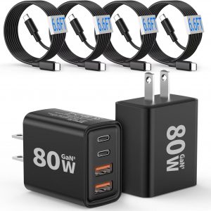 [2-Pack] USB C Wall Charger,80W 4-Port Type C Fast Charging Block,USBC Multiport Wall Plug PD20W&QC20W GaN Charging Cube with 6.6FT USB C Cable for iPhone 17/16/15/14Pro Max/XS/XR, Samsung(Black)