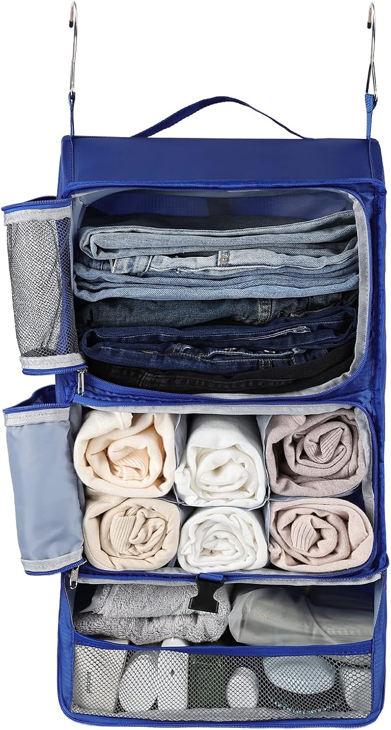 Surblue Hanging Shelves Travel Storage Bag Compression Packing Cube for Suitcase Collapsible with Extension Layer Large Capacity, Blue,XL
