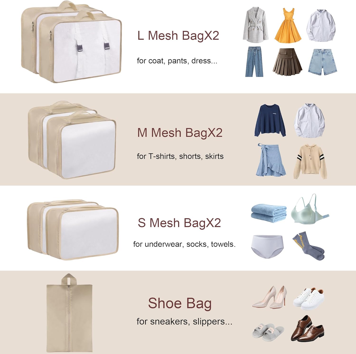 Ebbniur Packing Cubes, 7 Pcs Travel Packing Organizers for Suitcases, Large Capacity Travel Luggage Organizer Set includes 7 Storage Bags, Travel Essentials for Women or Men (Beige) - Image 3