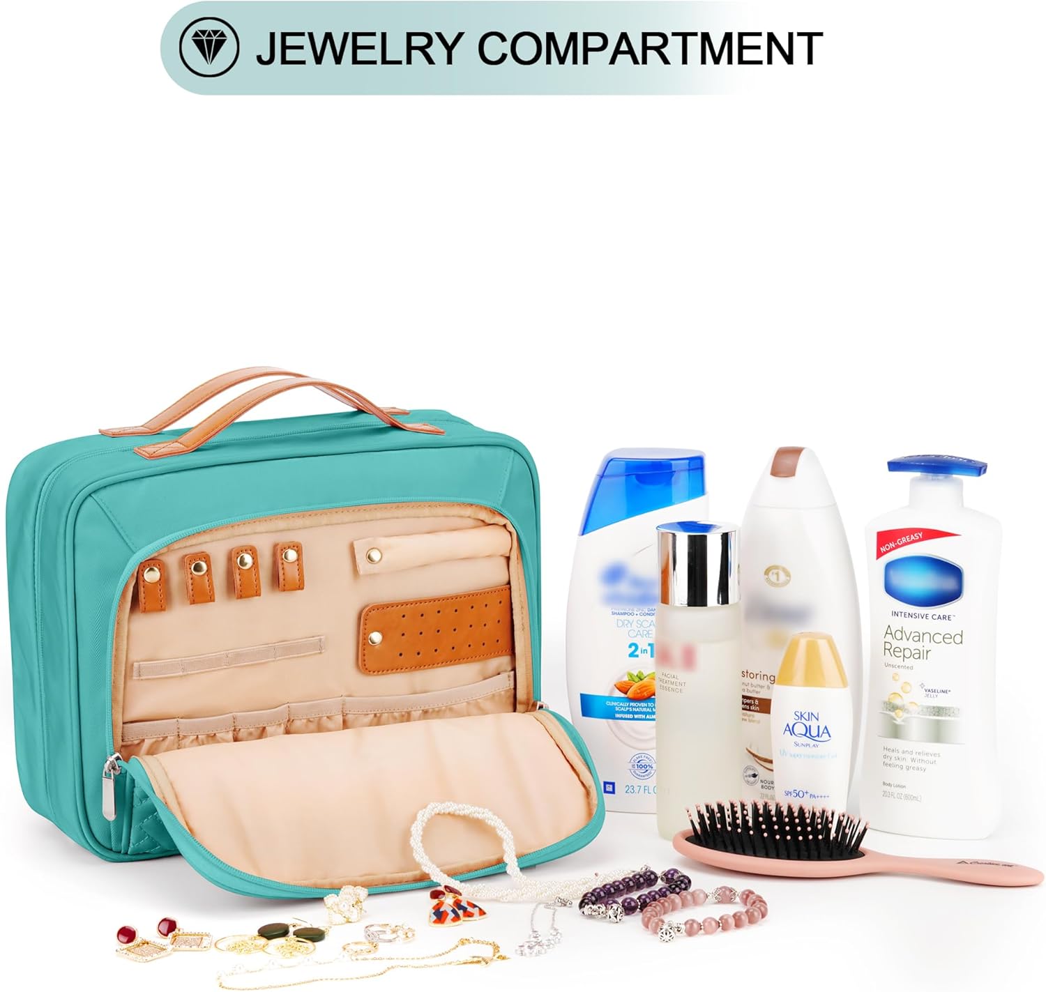 Travel Hanging Toiletry Bag for Women, Cruise Ship Essentials, with Jewelry Organizer, Extra Large Makeup Dopp Kit, Waterproof Cosmetic Bags, Toiletries Kit Set with Trolley Belt, Blue - Image 6