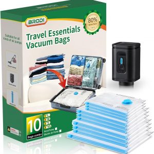 BRODI 10 Combo Pack Travel Vacuum Bags with Pump – Space Saver & Travel Essentials, Clothing & Luggage Vacuum Seal Bags