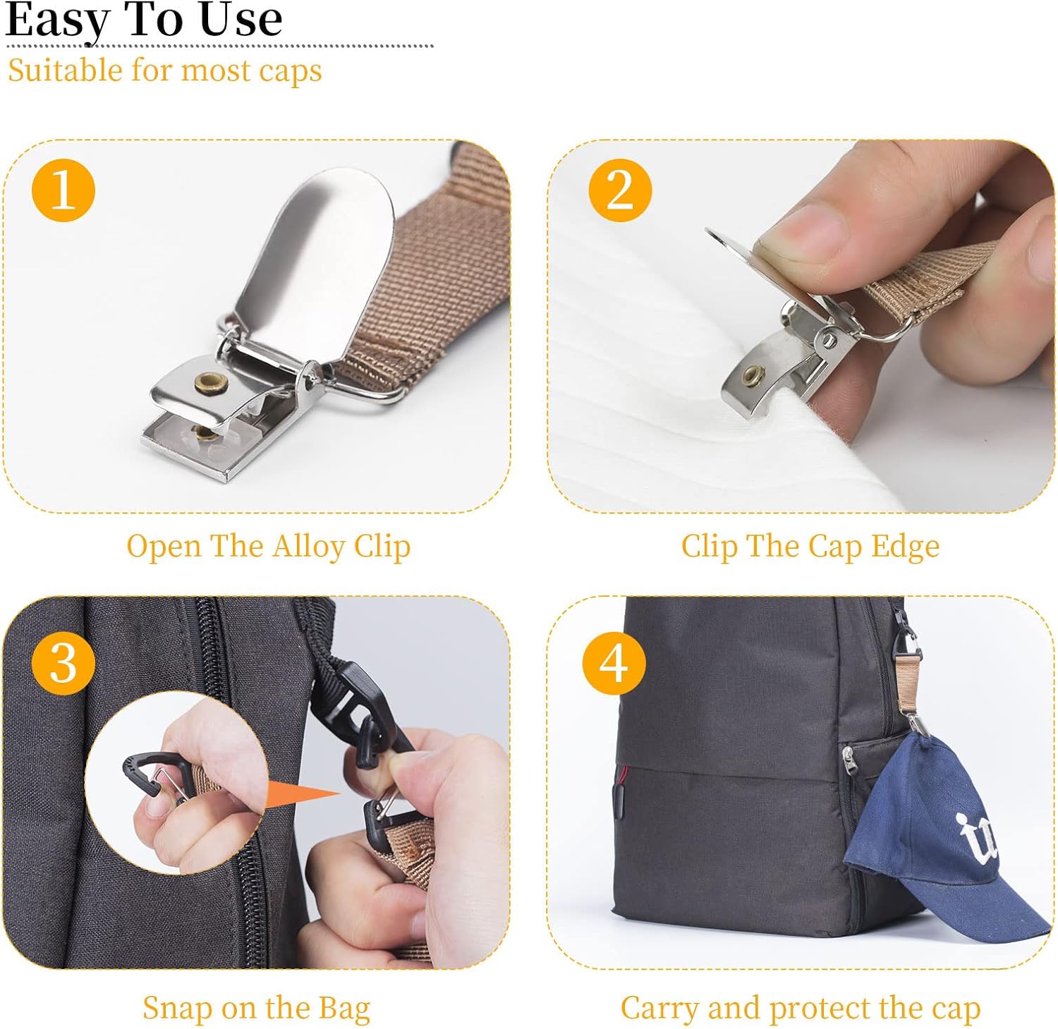 4Pcs Elastic Hat Clip for Travel, Hat Holder Hands Free Bag Accessory for Traveling Bags, Backpacks, Purses, Totes Black - Image 4