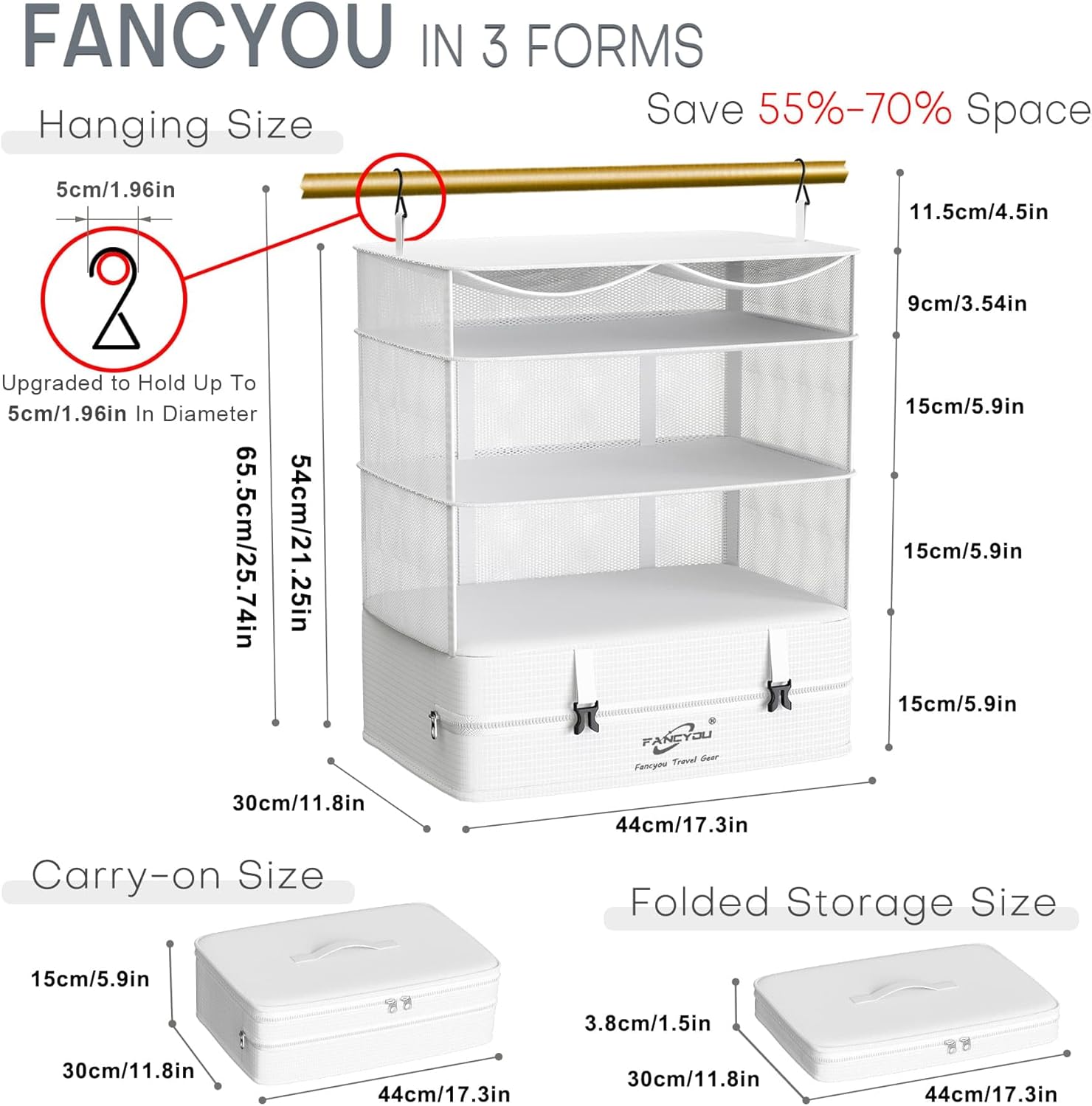 Compressible Packing Cubes Portable Hanging Closet Shelves 17"x12"x24" Extendable Travel Organizer Nylon Packing Bags for Suitcase - Image 3