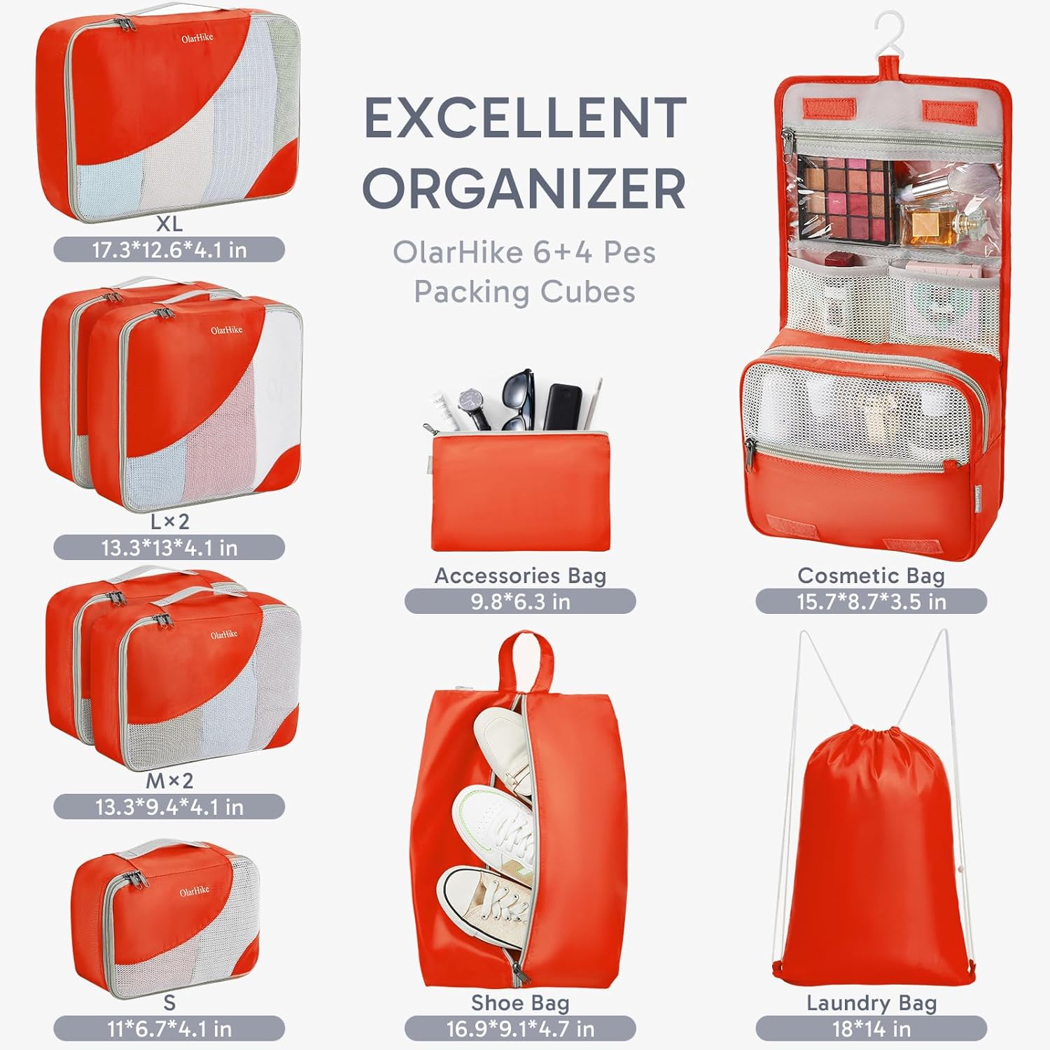 ALL INCLUDED 10 Set Sturdy Packing Cubes for Suitcases,OlarHike Travel Essentials,UPGRADED Anti-Tear Stitching, NEW Improved Luggage Packing Organizers for Travel Accessories (Orange) - Image 2