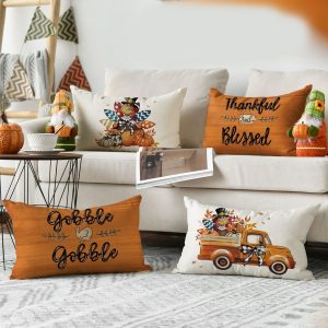 AVOIN colorlife Thanksgiving Gobble Turkey Harvest Throw Pillow Covers, 12 x 20 Inch Thankful and Blessed Fall Truck Pumpkin Cushion Case for Sofa Couch Set of 4