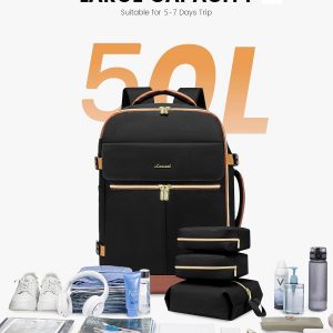 LOVEVOOK Carry On Backpack, 50L Travel Backpack Women with 3 Packing Cubes, TSA Airline Approved Suitcase Bag as Personal Item, Waterproof 18 inch Laptop Backpack for Weekender Overnight,Black-Brown