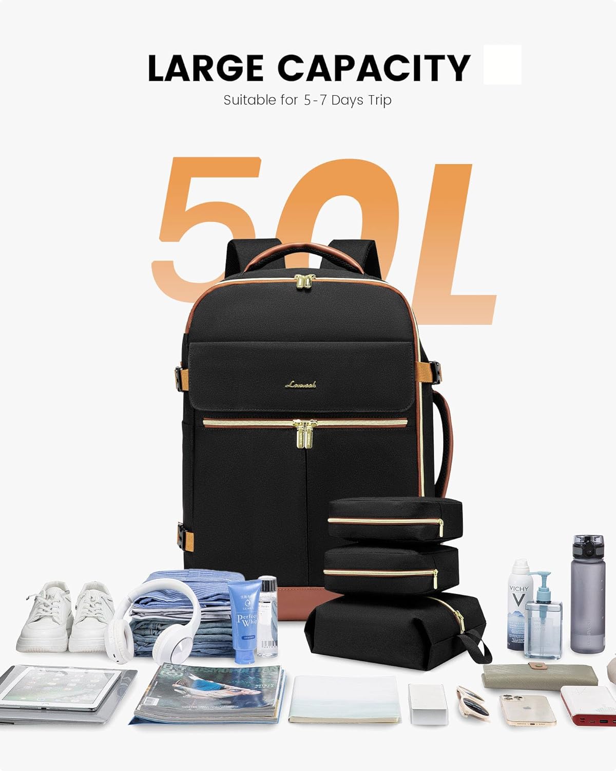 LOVEVOOK Carry On Backpack, 50L Travel Backpack Women with 3 Packing Cubes, TSA Airline Approved Suitcase Bag as Personal Item, Waterproof 18 inch Laptop Backpack for Weekender Overnight,Black-Brown - Image 2