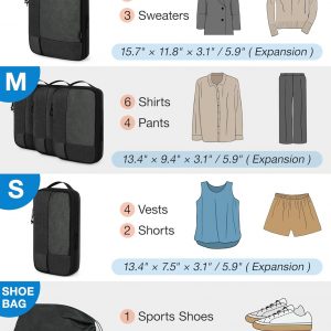 BAGSMART Compression Packing Cubes for Travel, 6 Set Packing Cubes for Carry on Suitcases, Compression Travel Cubes & Suitcase Organizer for Packing with Shoe Bag Black