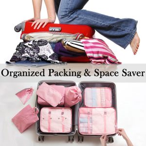 8 Pieces Mesh Packing Cubes for Travel, Luggage Packing Organizers Bags Set, Travel Essentials Suitcases Accessories with Laundry Bag, Storage Shoe Bag, Clothing Underwear Bag (Pink, 8 set)
