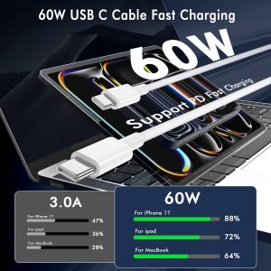 USB C to USB C Cable (6FT, 2Pack),Type-C 60W Woven Fast Charging Cord Long for iPhone 17/16/15 Pro Max Samsung S25 S24 S23 Note 20 MacBook iPad Air，White