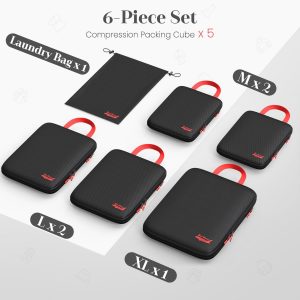 6 Set Compression Packing Cubes for Travel, 3 Sizes (5+1) for Carry-On Travel, Waterproof Compression Packing Cubes Set with Laundry Bag & Luggage Organizer (Black)