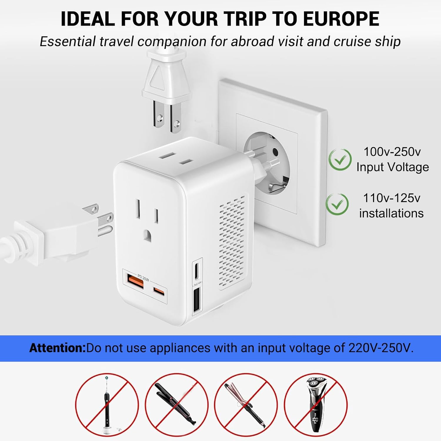 SARQW 220V to 110V Voltage Conversion Plug Adapter for Traveling from USA to Europe with 2 USB and 2 USBC Ports PD 20 W, 2 AC Outlets International Power Adapter - Image 5