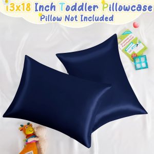RUDONG M 2 Pack Zippered Satin Toddler Pillowcases 13×18 Inch – Silky Soft Toddler Pillow Cases with Hidden Zipper, Travel Pillow Covers for Boys & Girls, Navy Blue