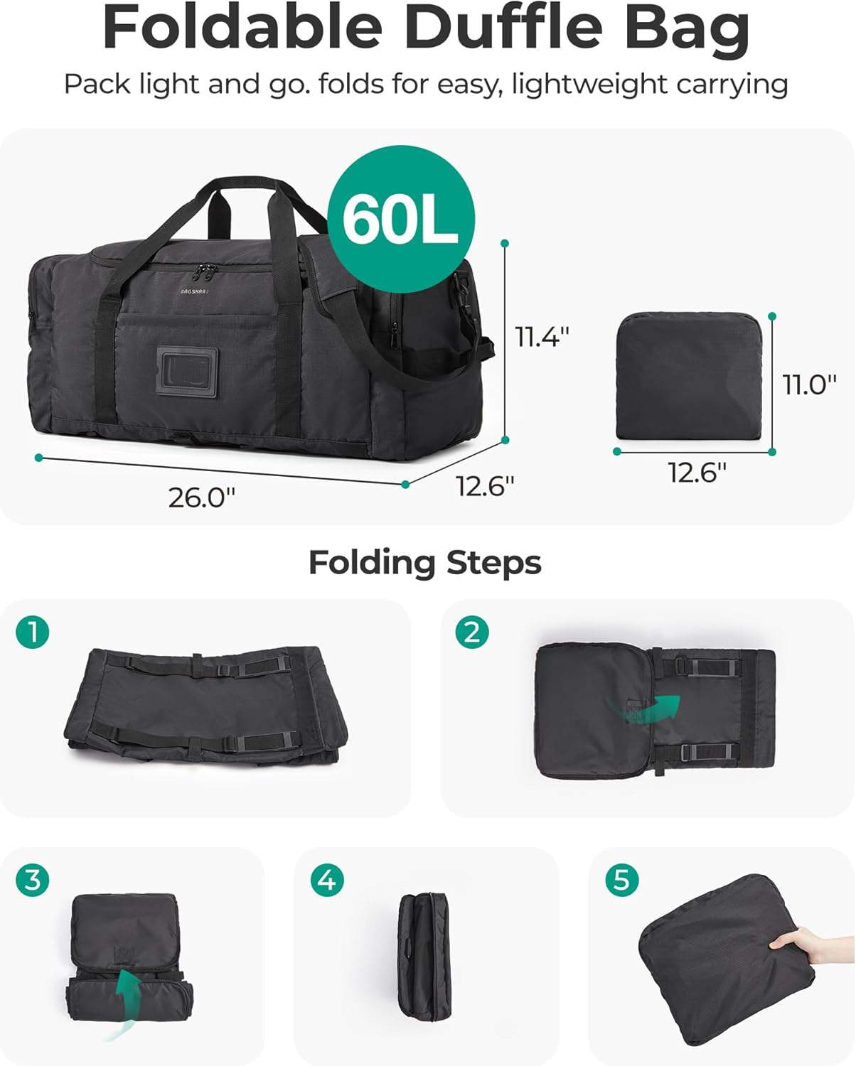 BAGSAMRT 60L Foldable Duffle Bag for Travel, Large Travel Duffel Bag for Men, 4 in 1 Travel Backpack, Carry on Weekender Bag, Black - Image 6