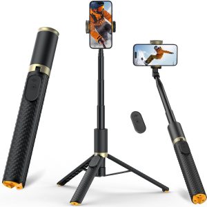 Phone Tripod & Selfie Stick with Remote, Portable, Lightweight for Video Recording Vlog, Extendable Travel Tripod Stand Compatible with iPhone Android, Black, 62″