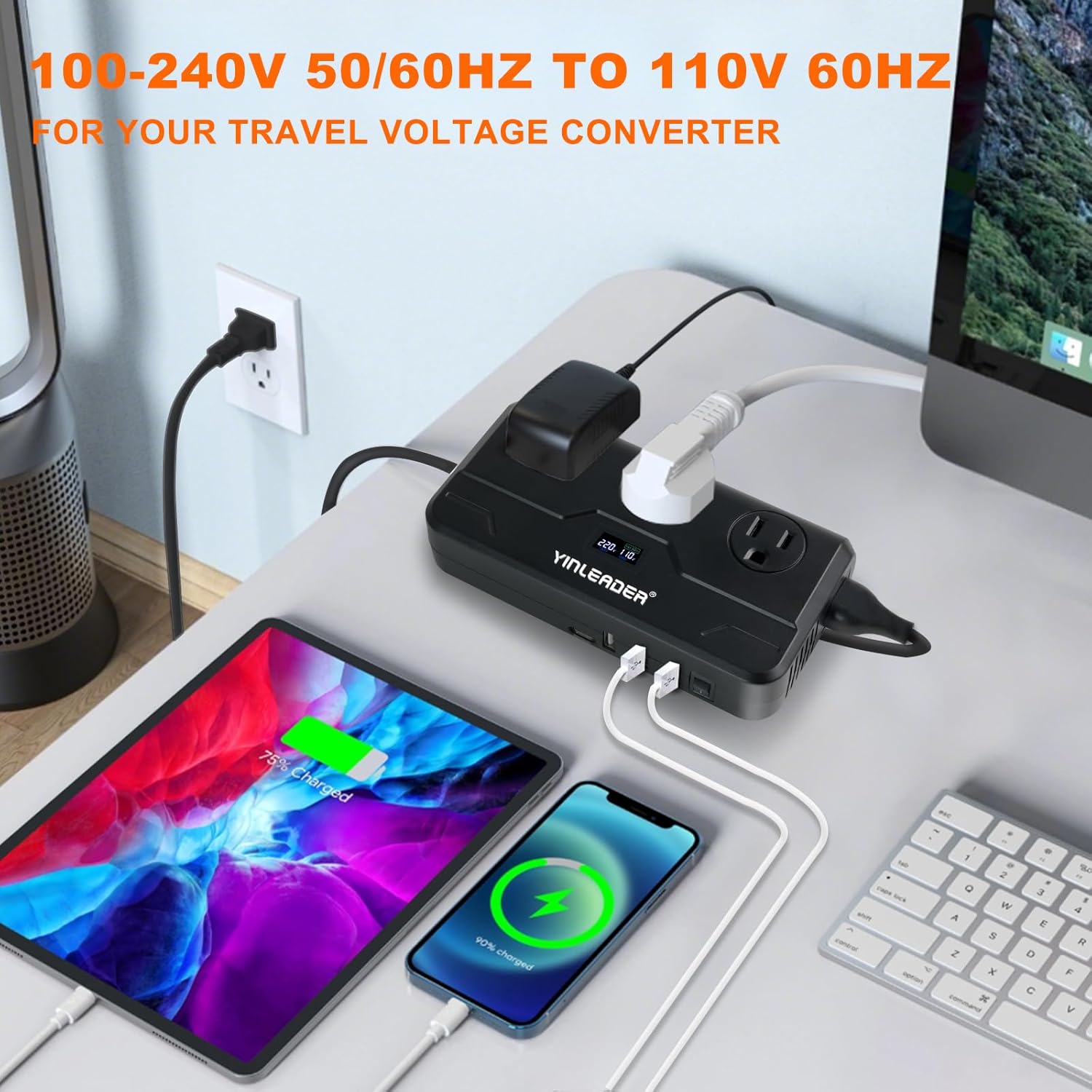 Yinleader 220V to 110V Voltage Converter us to Europe Travel Adapter for Hair Straightener/Curling Iron Step Down Transformer with USB-C (20W PD) Charging and UK/AU/EU Worldwide Plug Adapter (Black) - Image 2